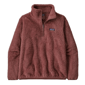 The Patagonia Los Gatos Pullover is a warm, plush fleece top with a half-zip design in a muted pink-brown color, featuring a cozy high collar and elastic hem for added comfort.