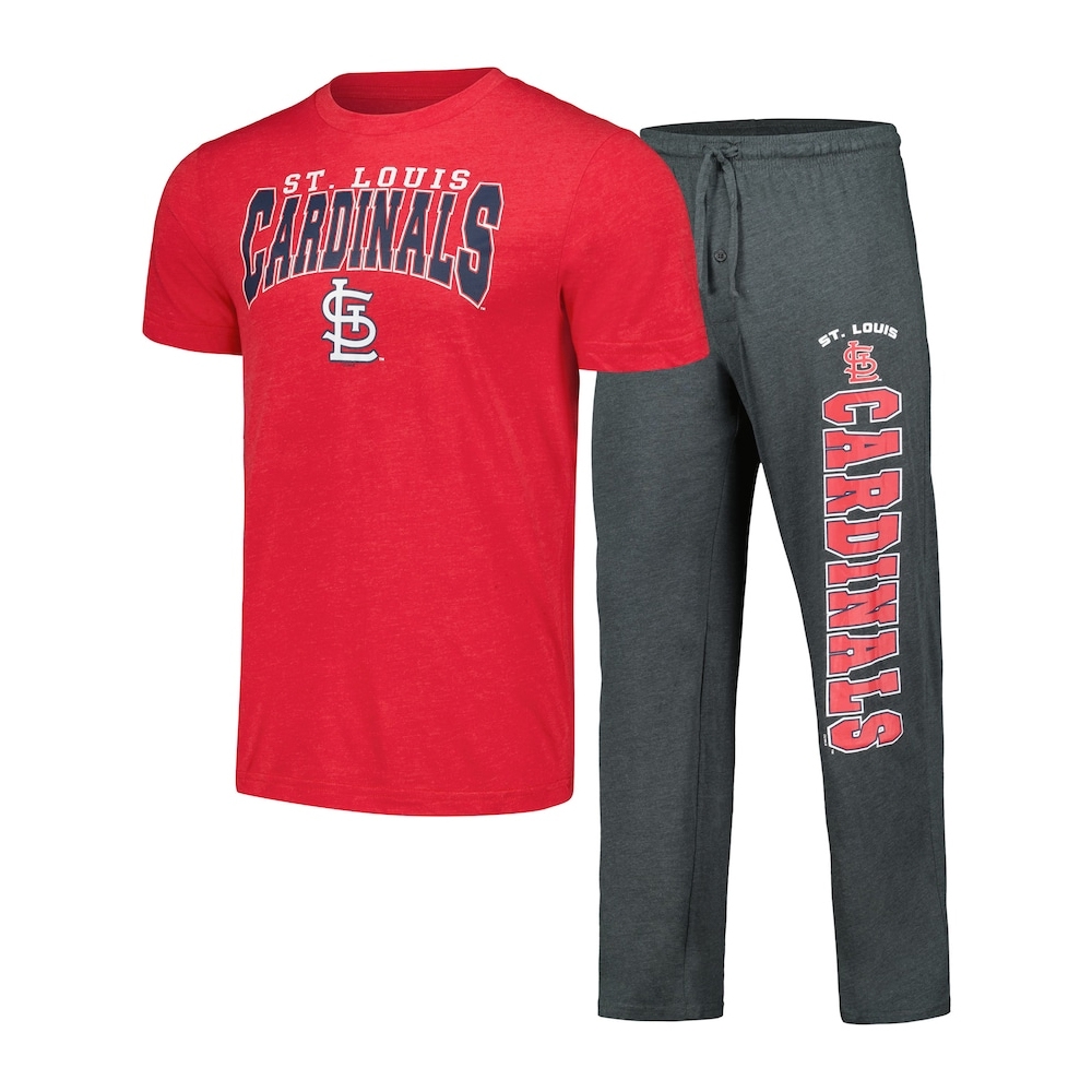 Red St. Louis Cardinals t-shirt paired with dark gray sweatpants, both featuring team logos and text.