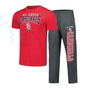Red St. Louis Cardinals t-shirt paired with dark gray sweatpants, both featuring team logos and text.