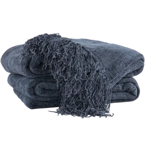 A folded dark blue throw blanket with textured fabric and fringe detailing.