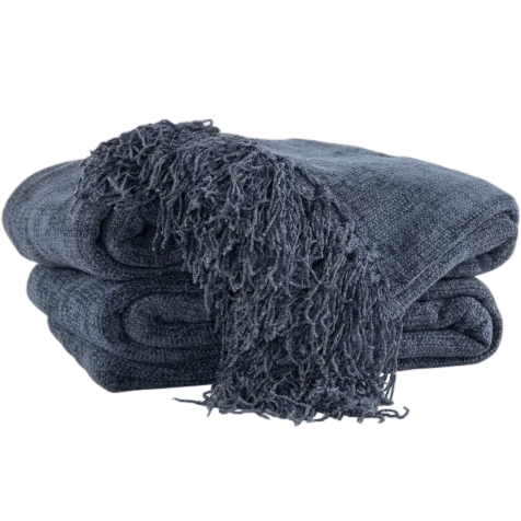 A folded dark blue throw blanket with textured fabric and fringe detailing.