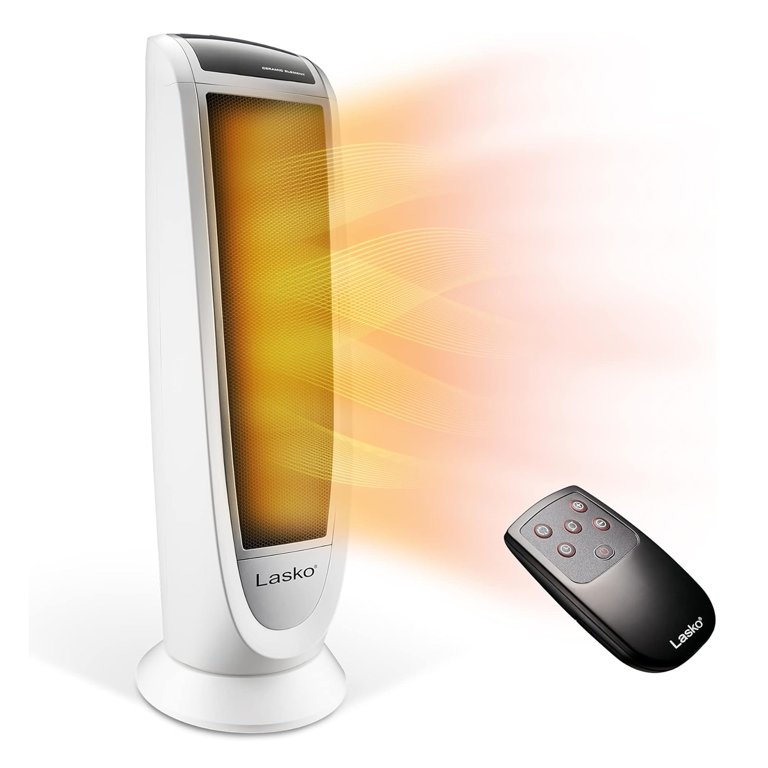 Lasko Tower Heater with a sleek, vertical design, oscillates to distribute heat, and includes a remote control for convenient operation.