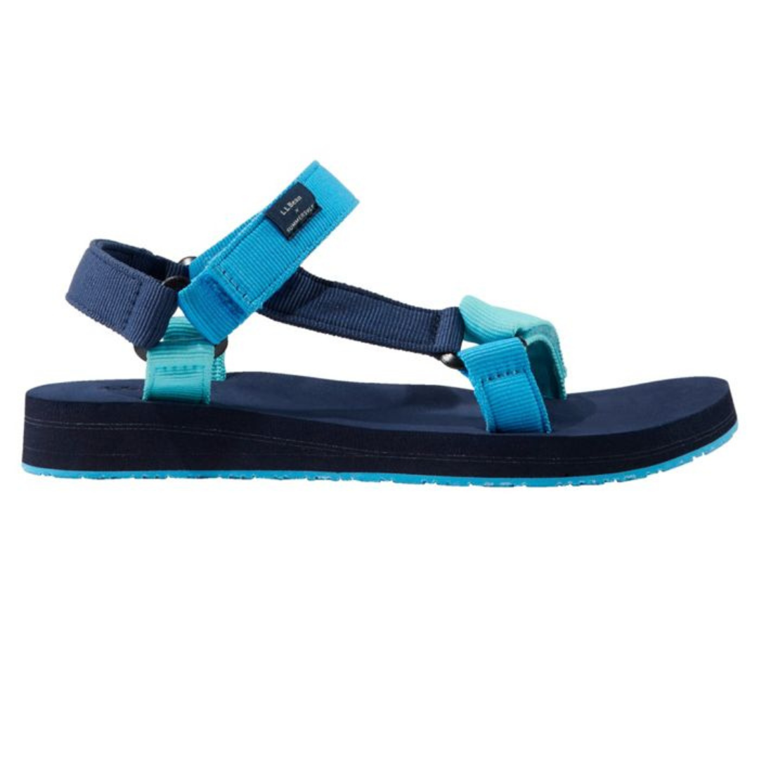 Blue and teal L.L.Bean women's sandals with adjustable straps, padded footbed, and durable rubber sole for comfort and support.
