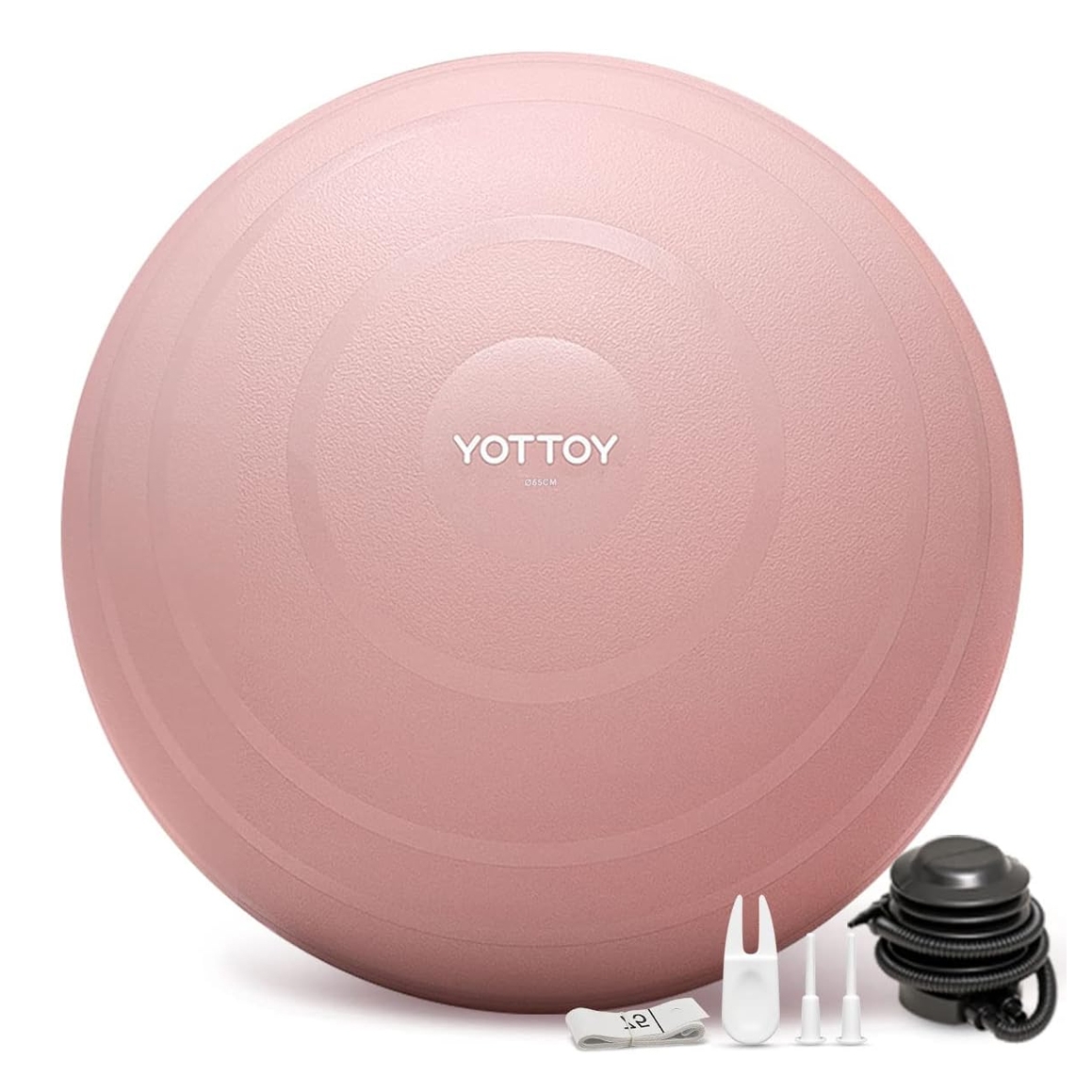Pink exercise ball labeled \“YOTTOY\“ with accessories including a pump, nozzle attachments, and a measuring tape.