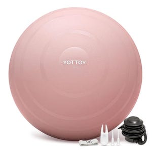 Pink exercise ball labeled \“YOTTOY\“ with accessories including a pump, nozzle attachments, and a measuring tape.