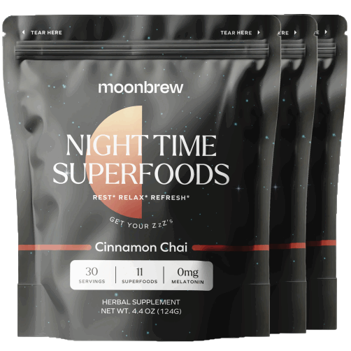 Moonbrew Night Time Superfoods Cinnamon Chai is an herbal supplement with 30 servings, featuring 11 superfoods and containing 0mg of melatonin, designed to aid rest, relaxation, and refreshment. Net weight: 4.4 oz (124g).