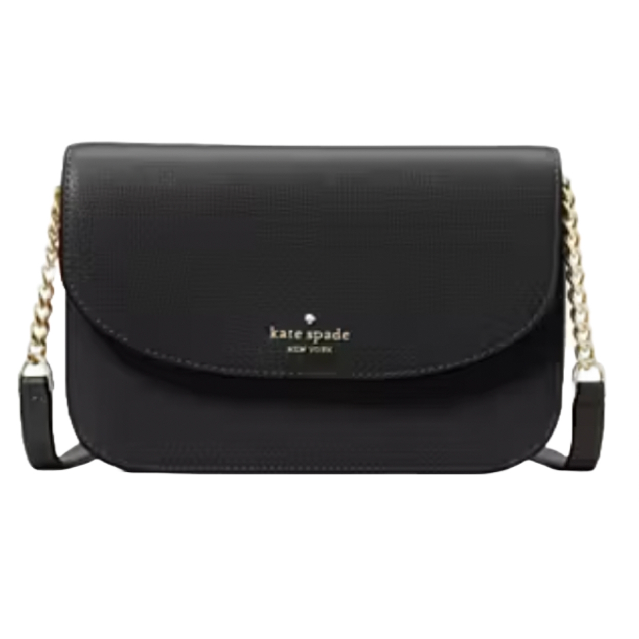 A black Kate Spade New York crossbody bag with a flap closure and chain shoulder strap detailing.