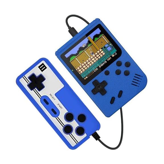 Blue handheld gaming console with screen showing a game and connected controller.