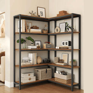 VASAGLE corner bookshelf with a black metal frame and wooden shelves, styled with books, plants, and decorative items beside a cozy living room setting.