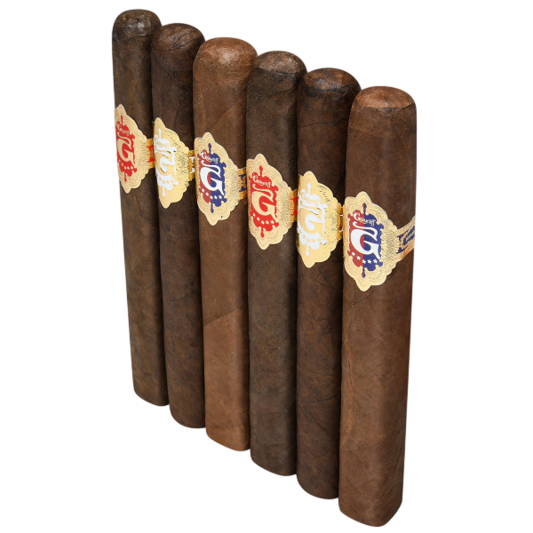 A collection of six cigars with decorative bands, featuring different colors and a logo, branded Graycliff.