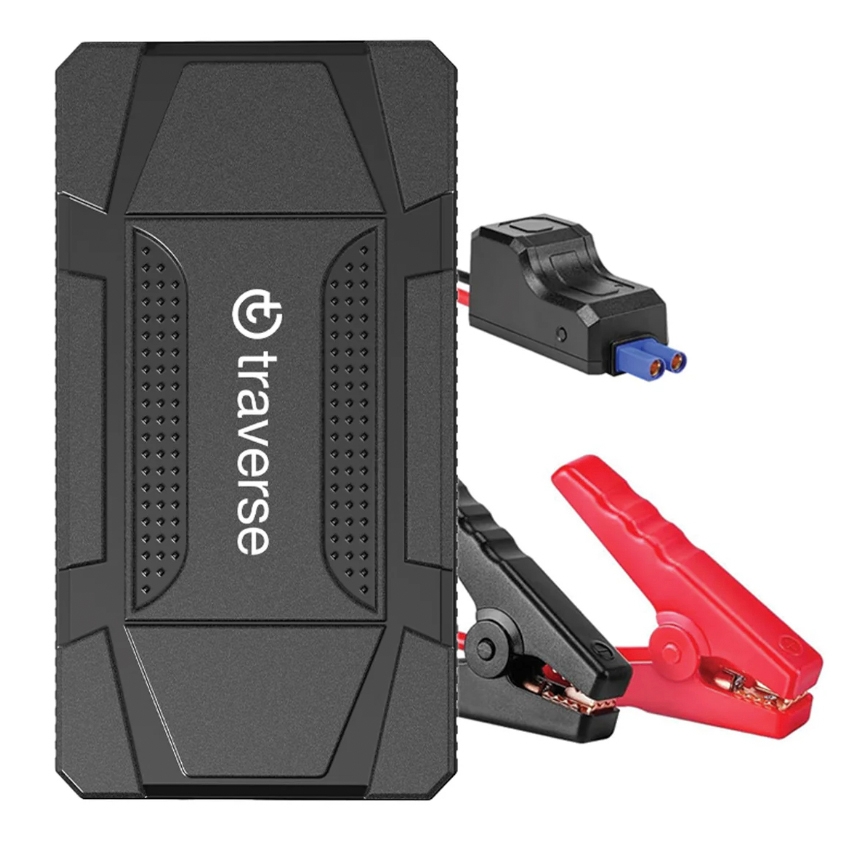 A portable, rectangular jump starter and power bank with clamps and a separate charge port connector, branded with the Traverse logo.