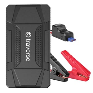 A portable, rectangular jump starter and power bank with clamps and a separate charge port connector, branded with the Traverse logo.