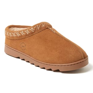 Dearfoams Suede Clogs are brown slip-on shoes with a plush lining, featuring a decorative stitch pattern around the collar and a durable, slip-resistant rubber sole.