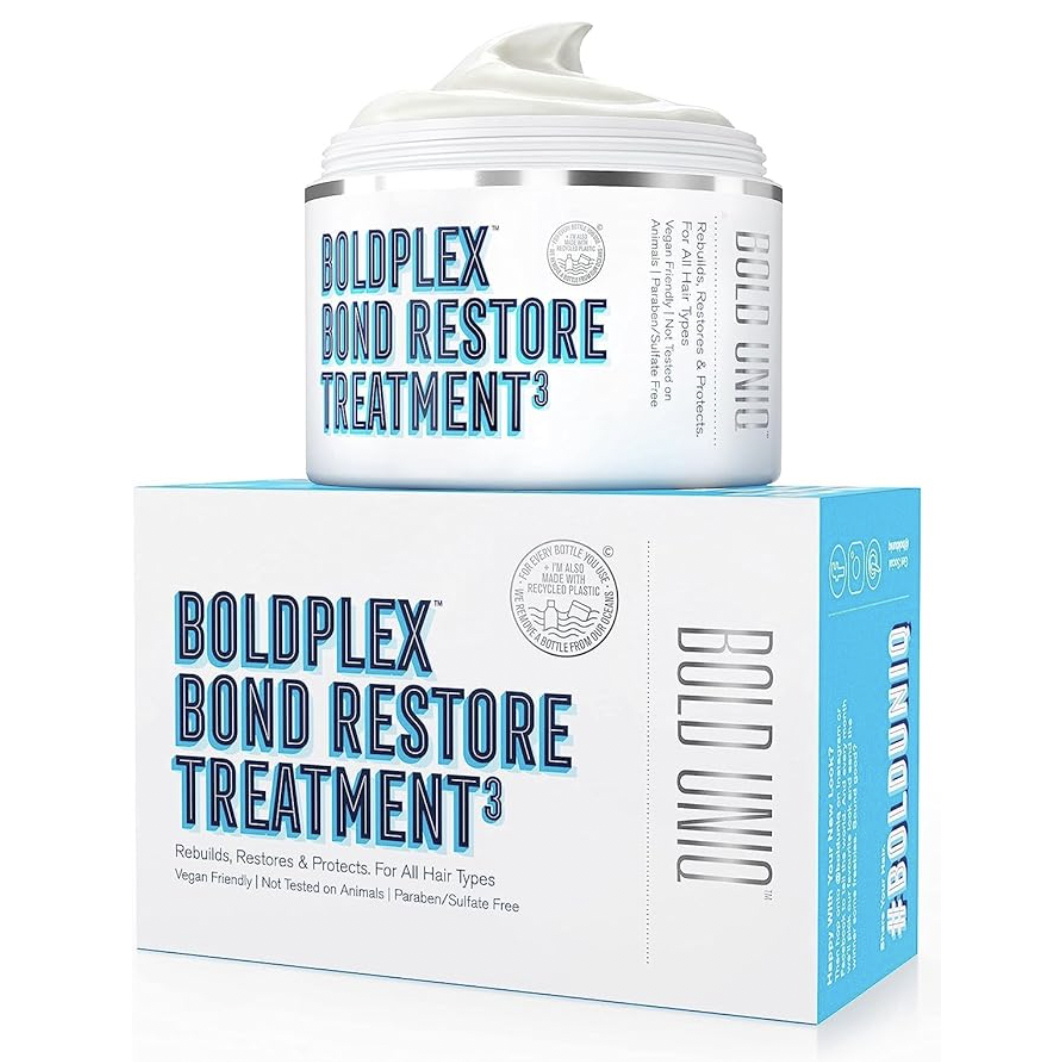 Boldplex Bond Restore Treatment, a hair care product promising to rebuild, restore, and protect all hair types; it's vegan, not tested on animals, and free from parabens and sulfates.