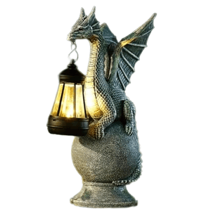 A dragon statue holding a lantern, designed as a decorative garden or tabletop light. The dragon is perched on a stone-like base.