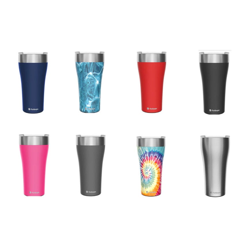 Eight travel tumblers in various colors, including solid, gradient, and patterned designs, with silver rims and branding near the bottom.