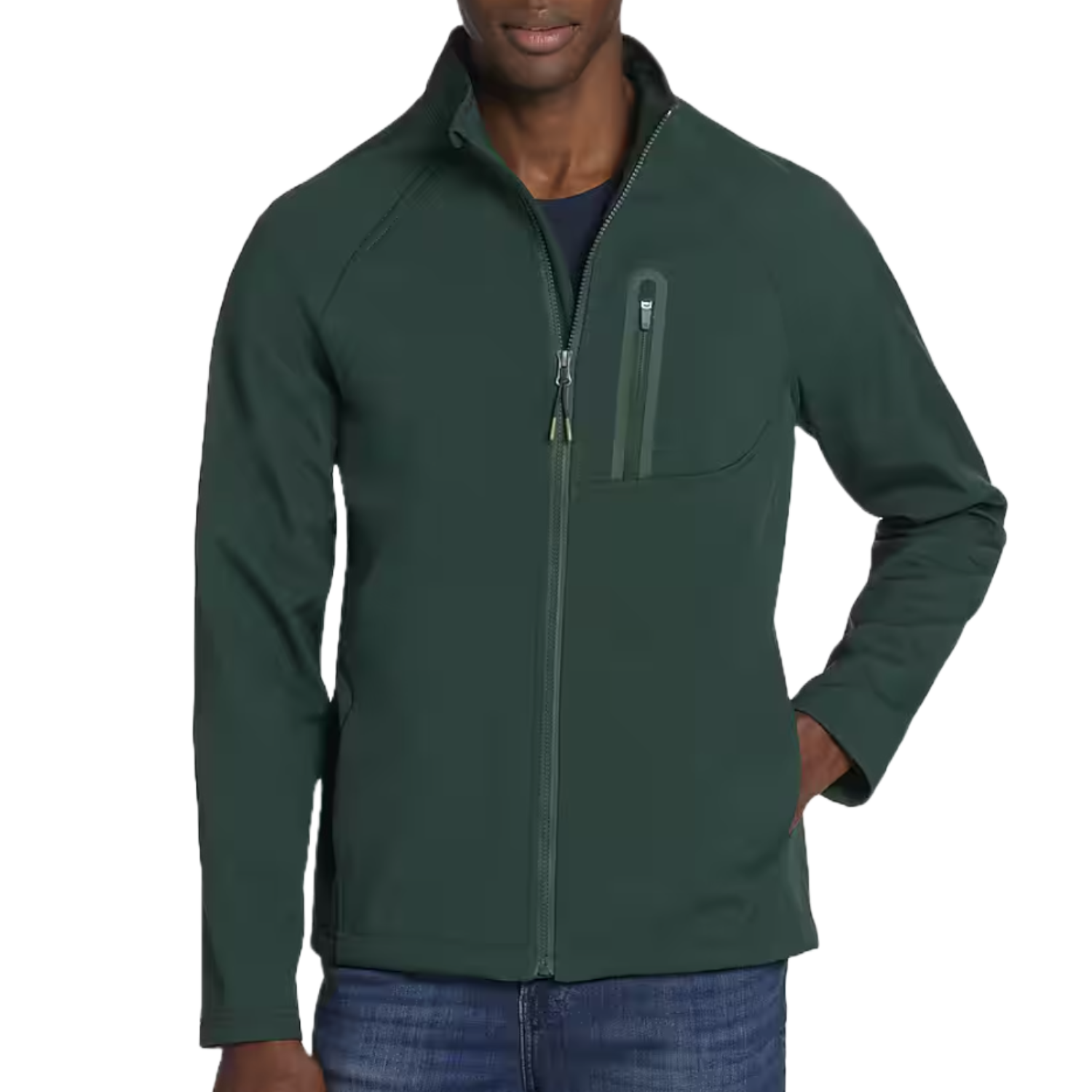 A dark green softshell jacket with a full front zipper, high collar, and a zippered chest pocket. Designed for a casual fit, paired with jeans.