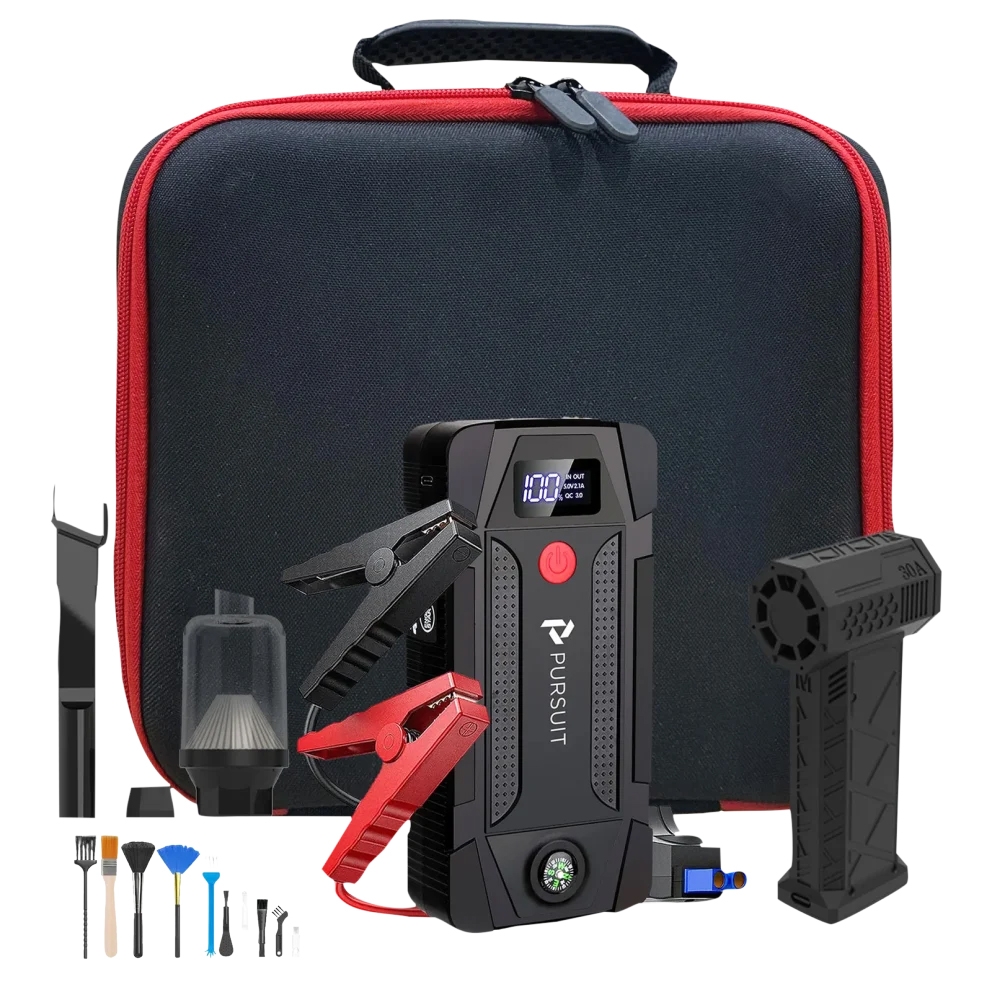 Jump starter kit with a carrying case, jumper cables, air compressor, and cleaning tools. The main device has a digital display showing battery status.
