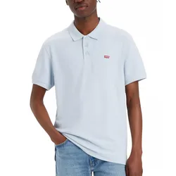 A person is wearing a light blue Levi's polo shirt with short sleeves and a small red logo on the chest, paired with blue jeans.