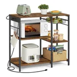 Kitchen storage rack with microwave, toaster, and air fryer. Shelves hold canisters, a plant, fruit, a basket, kitchen gloves, and a power outlet with a plug.