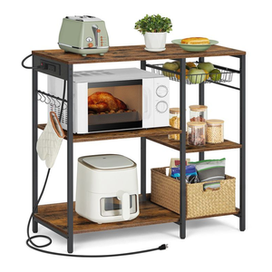 Kitchen storage rack with microwave, toaster, and air fryer. Shelves hold canisters, a plant, fruit, a basket, kitchen gloves, and a power outlet with a plug.
