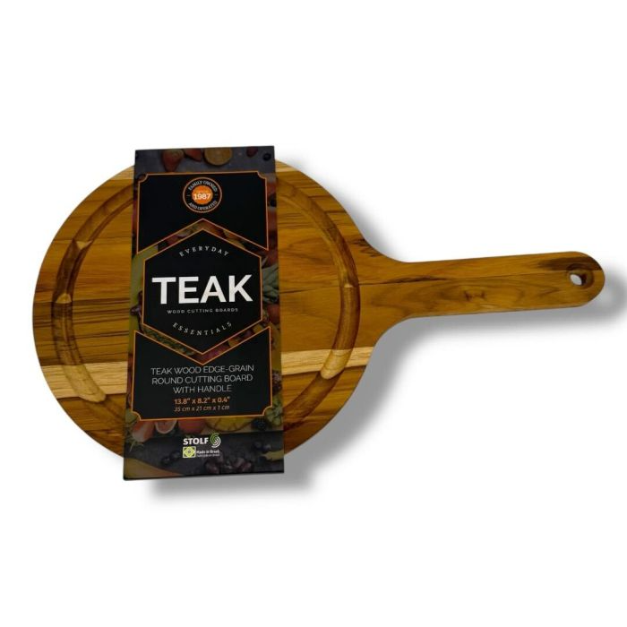 Teak wood edge-grain round cutting board with handle, 13.8\“ x 18.2\“ x 0.4\“.