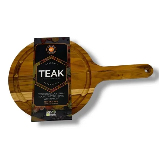 Teak wood edge-grain round cutting board with handle, 13.8\“ x 18.2\“ x 0.4\“.