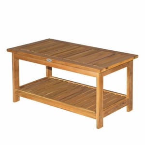 A rectangular outdoor coffee table made of wood featuring a slatted design on the top and lower shelf. It has a natural wood finish and sturdy legs, suitable for outdoor use.