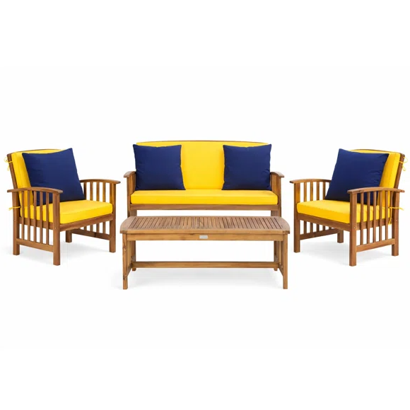 Outdoor furniture set with a wooden frame, including two armchairs and a loveseat, all featuring yellow cushions with blue pillows, and a matching wooden coffee table.