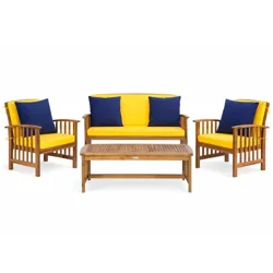 Outdoor furniture set with a wooden frame, including two armchairs and a loveseat, all featuring yellow cushions with blue pillows, and a matching wooden coffee table.