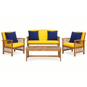 Outdoor furniture set with a wooden frame, including two armchairs and a loveseat, all featuring yellow cushions with blue pillows, and a matching wooden coffee table.