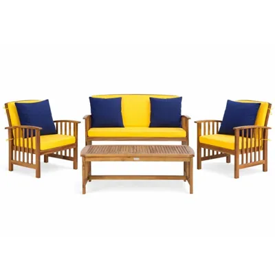Outdoor furniture set with a wooden frame, including two armchairs and a loveseat, all featuring yellow cushions with blue pillows, and a matching wooden coffee table.