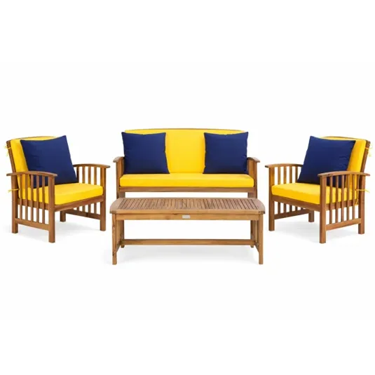 Outdoor furniture set with a wooden frame, including two armchairs and a loveseat, all featuring yellow cushions with blue pillows, and a matching wooden coffee table.