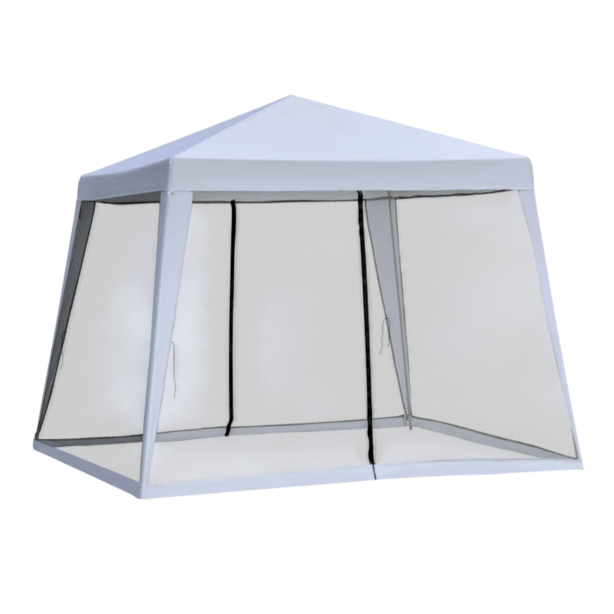A white outdoor tent with a mesh screen enclosure, featuring zippered entrances and black trim accents.