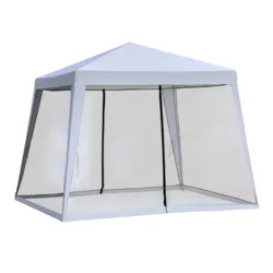 A white outdoor tent with a mesh screen enclosure, featuring zippered entrances and black trim accents.