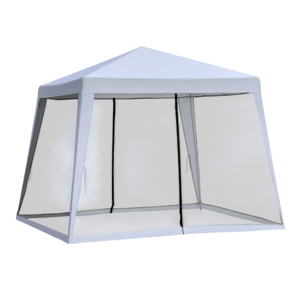 A white outdoor tent with a mesh screen enclosure, featuring zippered entrances and black trim accents.