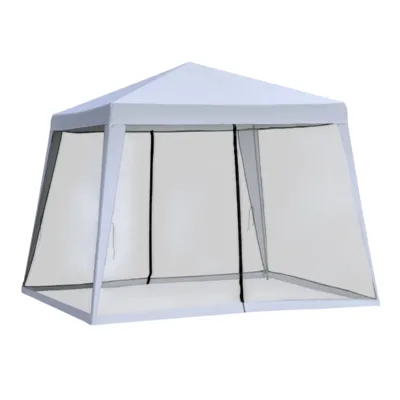 A white outdoor tent with a mesh screen enclosure, featuring zippered entrances and black trim accents.