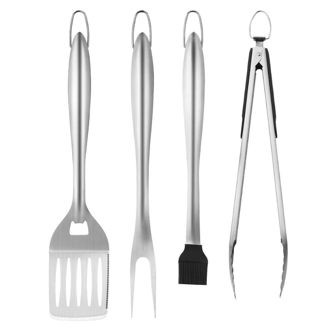 A stainless steel barbecue tool set includes a spatula, fork, basting brush, and tongs, each with ergonomic handles and hanging loops.