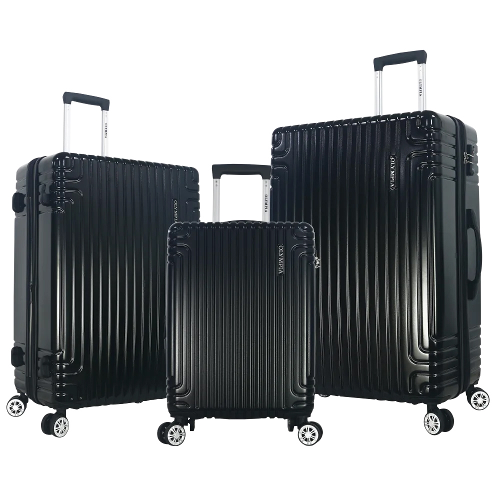 Three black hardside spinner suitcases of varying sizes with ribbed textures and telescopic handles are shown. Each has four multi-directional wheels, providing easy mobility.