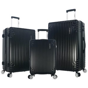 Three black hardside spinner suitcases of varying sizes with ribbed textures and telescopic handles are shown. Each has four multi-directional wheels, providing easy mobility.