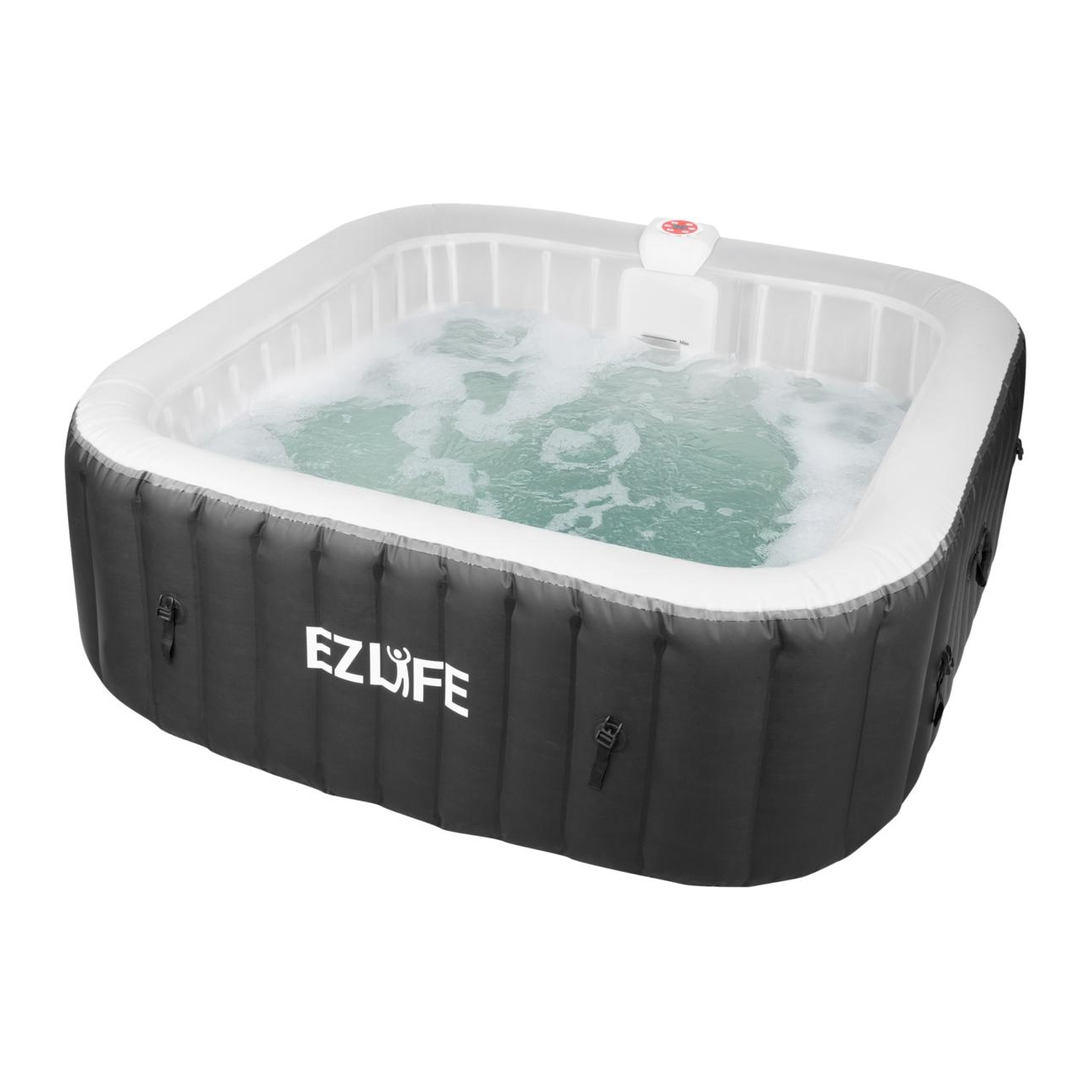 Square inflatable hot tub for six people, featuring a gray exterior with \“EZ LIFE\“ branding, white interior, and bubbling water.