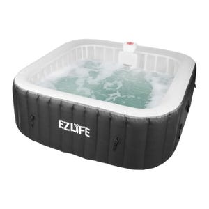 Square inflatable hot tub for six people, featuring a gray exterior with \“EZ LIFE\“ branding, white interior, and bubbling water.