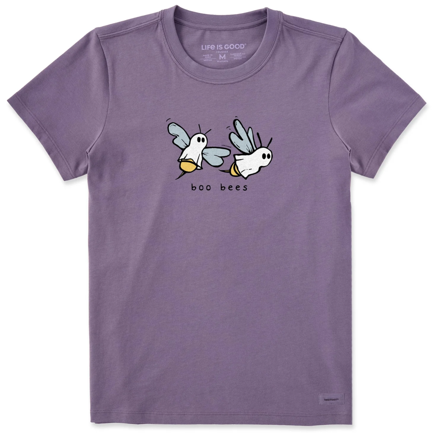 Purple T-shirt featuring a playful design of two bees dressed as ghosts with the words \“boo bees.\“