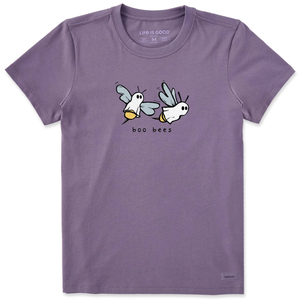 Purple T-shirt featuring a playful design of two bees dressed as ghosts with the words \“boo bees.\“
