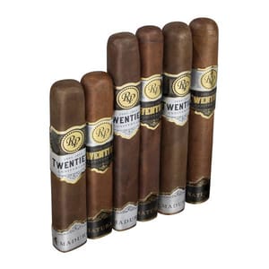 A collection of cigars from the \“Twentieth Anniversary\“ series by a brand with initials RP, featuring both \“Natural\“ and \“Maduro\“ varieties, wrapped with decorative bands indicating the years 1995-2015.