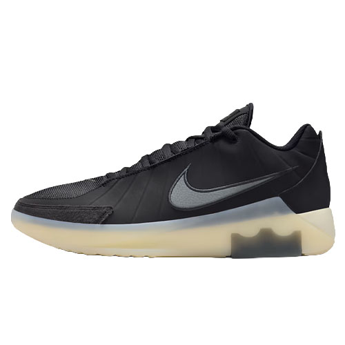 A black athletic shoe with a translucent, cushioned sole and a sleek design featuring a grey swoosh logo.