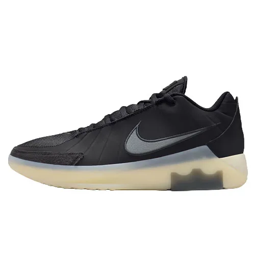 A black athletic shoe with a translucent, cushioned sole and a sleek design featuring a grey swoosh logo.