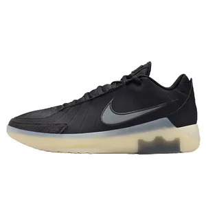 A black athletic shoe with a translucent, cushioned sole and a sleek design featuring a grey swoosh logo.