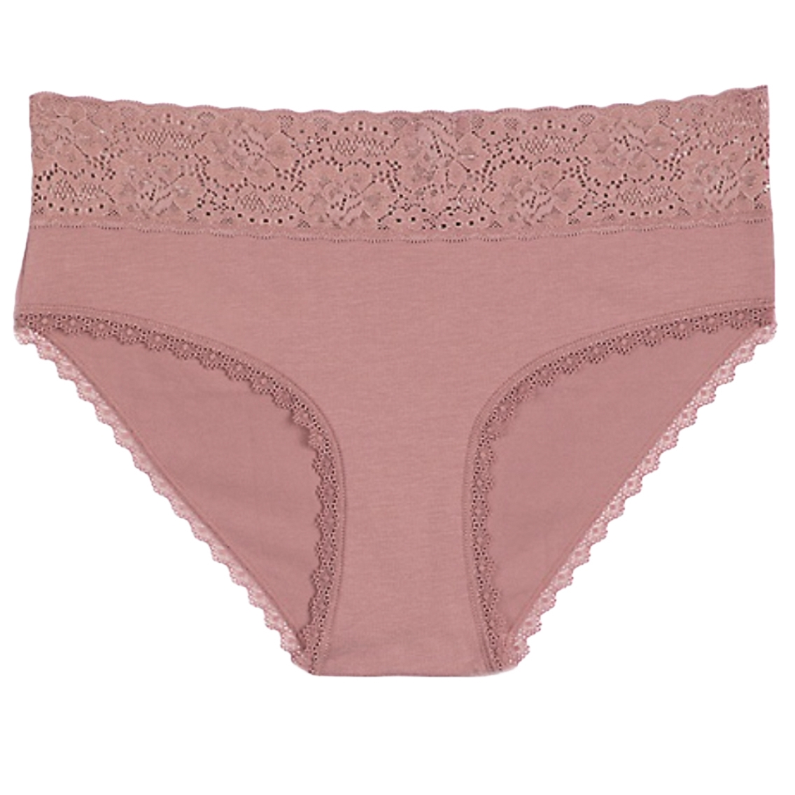 Pink lace-trimmed women's underwear featuring an intricate floral lace pattern on the waistband and edges.