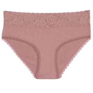 Pink lace-trimmed women's underwear featuring an intricate floral lace pattern on the waistband and edges.